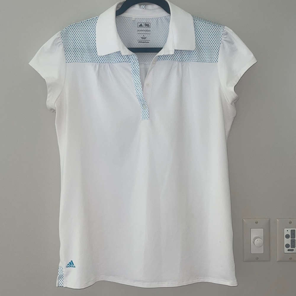 Women’s adidas PureMotion Short Sleeve White Blue Polka Dot Golf Top Large